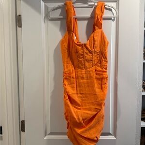 Bright Orange Sleeveless Ruched Bodycon Dress